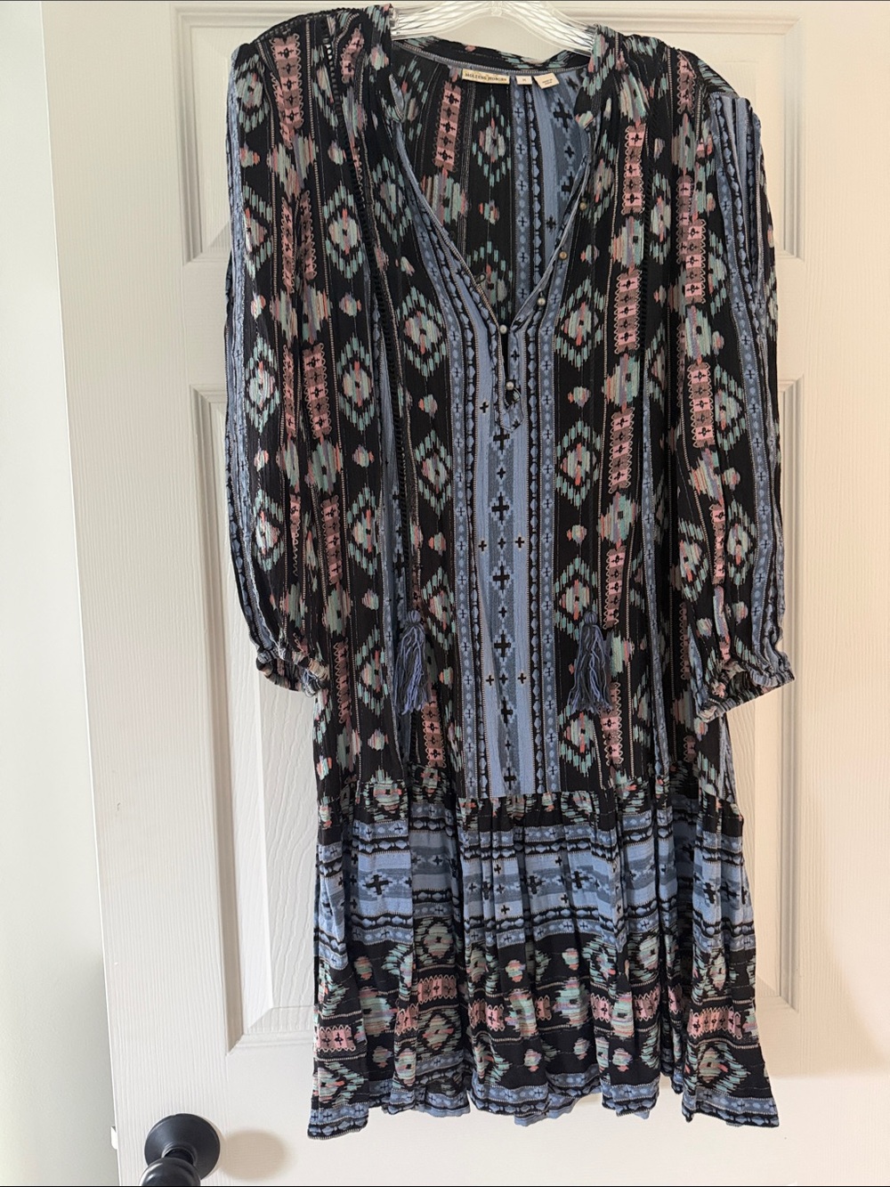 Anthropologie Boho Ikat Tiered V‑Neck Dress in Black and Blue